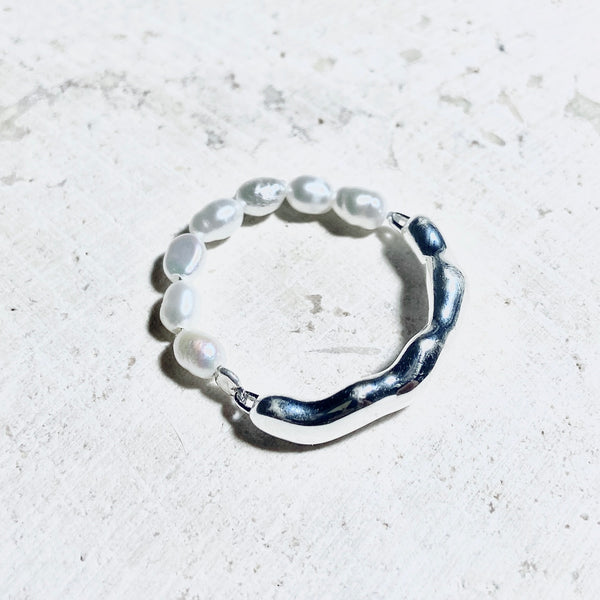Rippled Sterling Silver Ring with Baroque Pearl